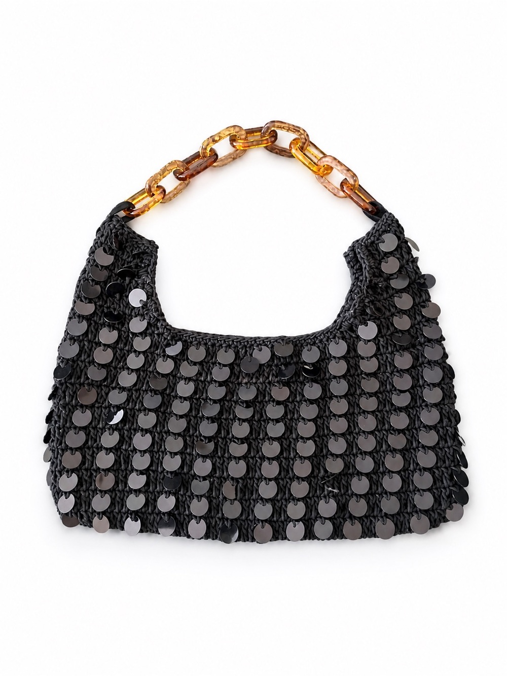 Black Sequin Raffia Shoulder Bag with Tortoiseshell Chain Anju Artisan vintage